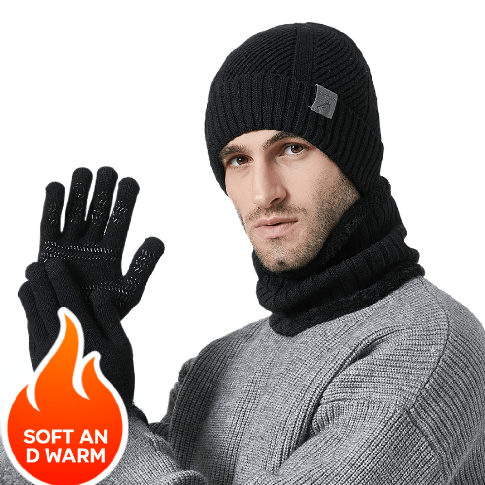 Strickmütze Schal Handschuhe Set Herren Winter Warm Futter