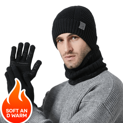Strickmütze Schal Handschuhe Set Herren Winter Warm Futter