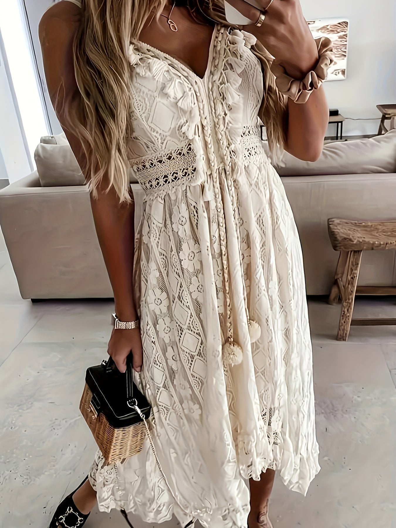 Dam Boho maxiklänning med spets och volanger – Elegant sommarklänning för semester och trädgårdsfester