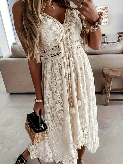 Dam Boho maxiklänning med spets och volanger – Elegant sommarklänning för semester och trädgårdsfester