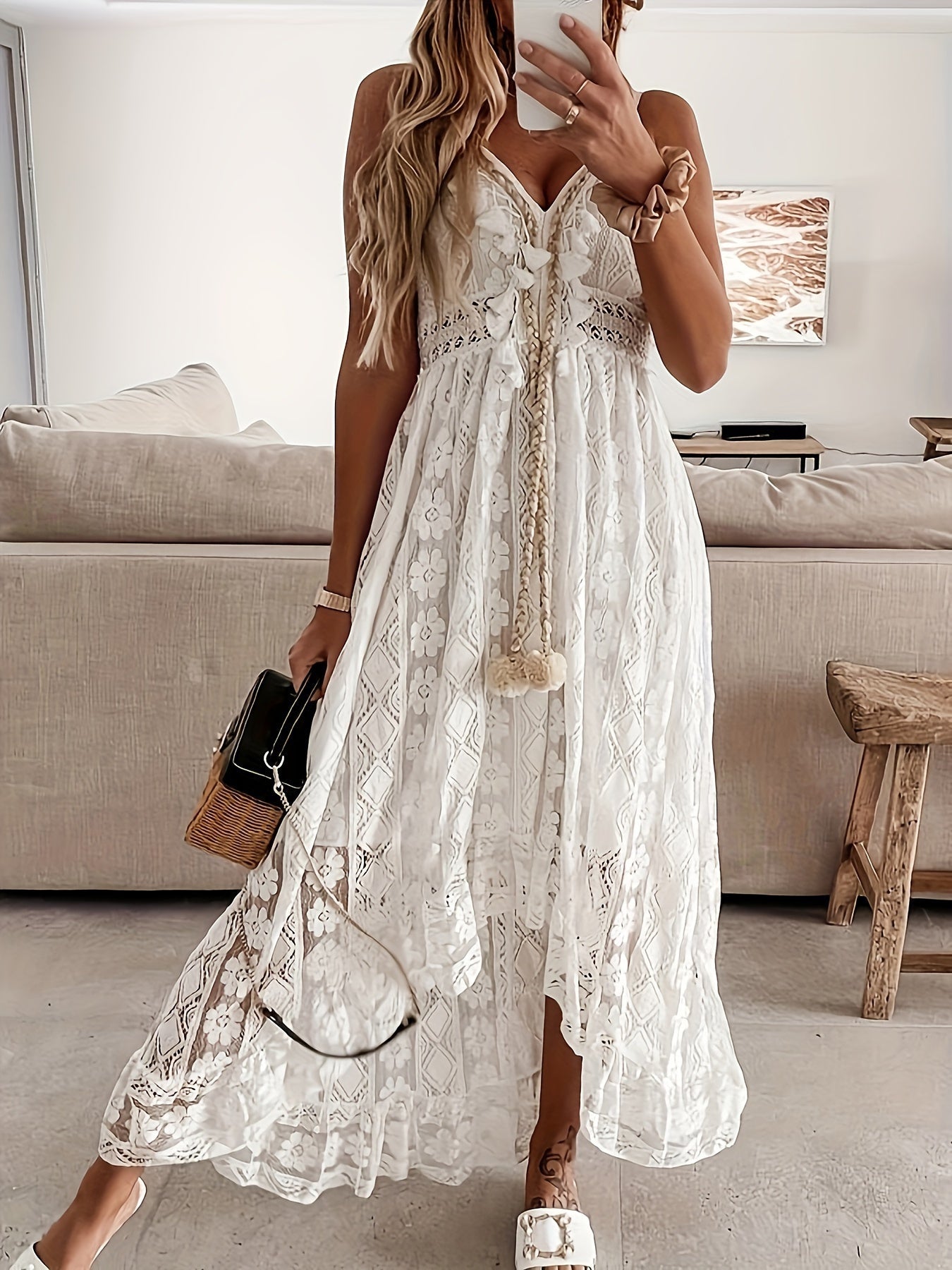 Dam Boho maxiklänning med spets och volanger – Elegant sommarklänning för semester och trädgårdsfester