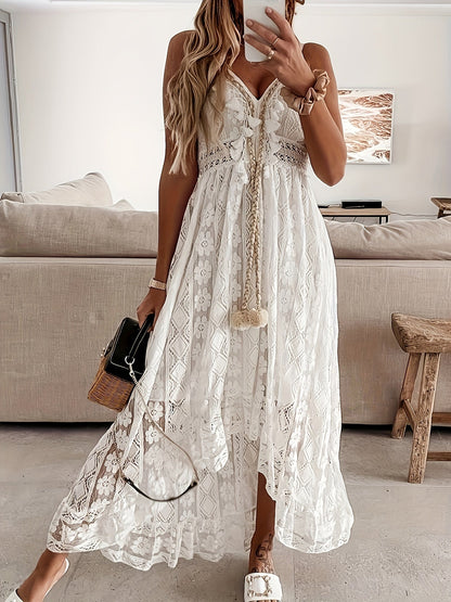 Dam Boho maxiklänning med spets och volanger – Elegant sommarklänning för semester och trädgårdsfester