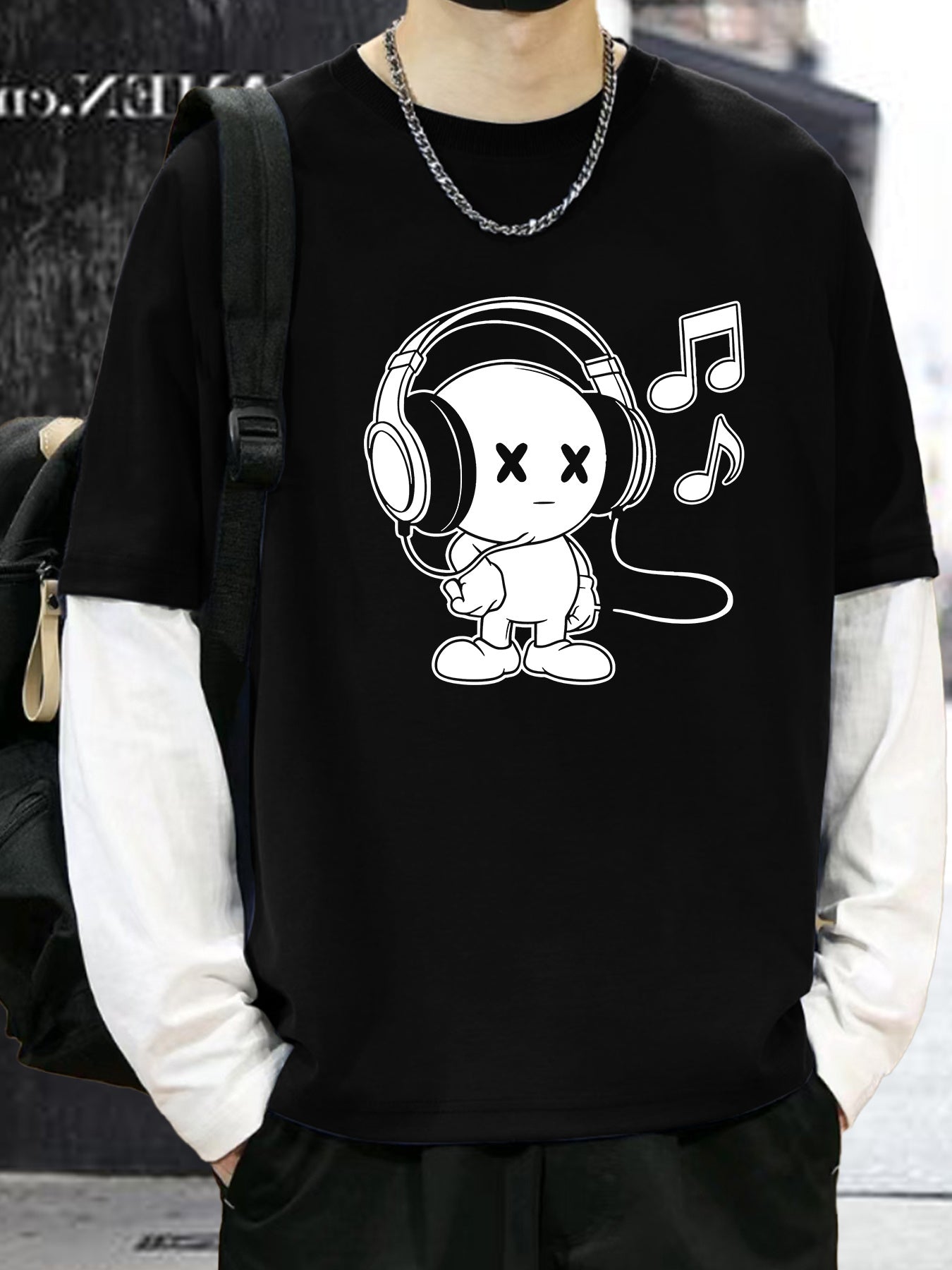 Unisex Langarm T-Shirt mit Cartoon-Print Kopfhörer