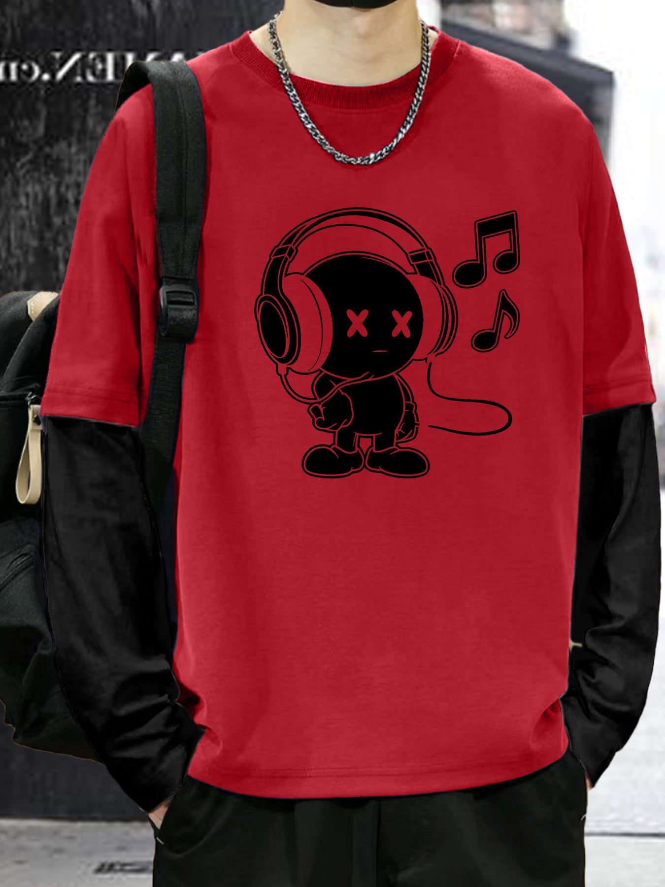 Unisex Langarm T-Shirt mit Cartoon-Print Kopfhörer