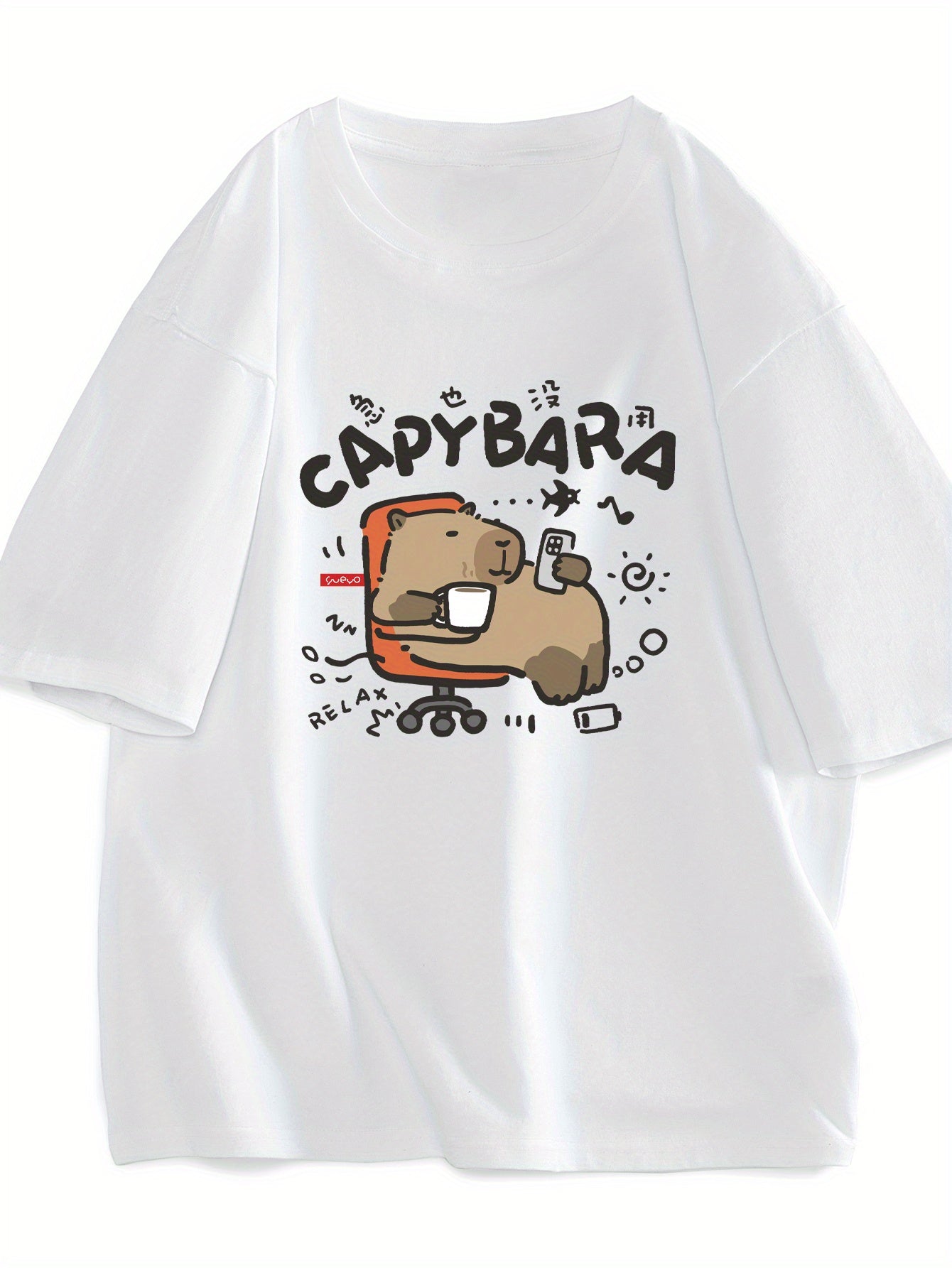 Męski T-shirt z nadrukiem kapibary w stylu kreskówkowym – zabawna koszulka na co dzień dla nastolatków i dorosłych