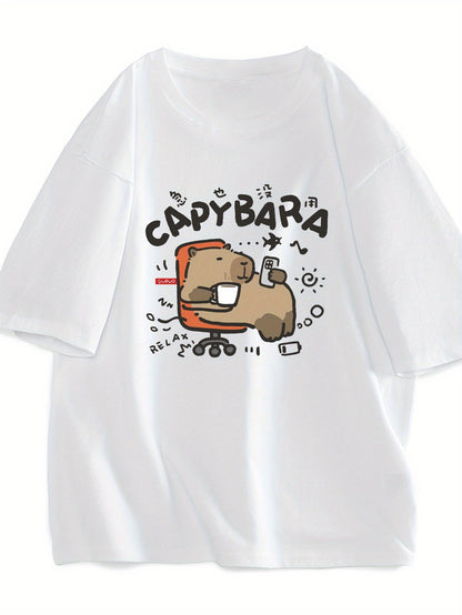 Męski T-shirt z nadrukiem kapibary w stylu kreskówkowym – zabawna koszulka na co dzień dla nastolatków i dorosłych
