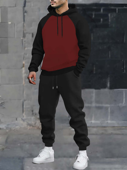 Completo da allenamento da uomo in due pezzi, felpa con cappuccio e pantaloni da jogging, maniche raglan, tasca a marsupio