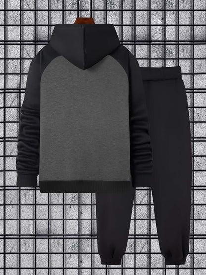 Completo da allenamento da uomo in due pezzi, felpa con cappuccio e pantaloni da jogging, maniche raglan, tasca a marsupio