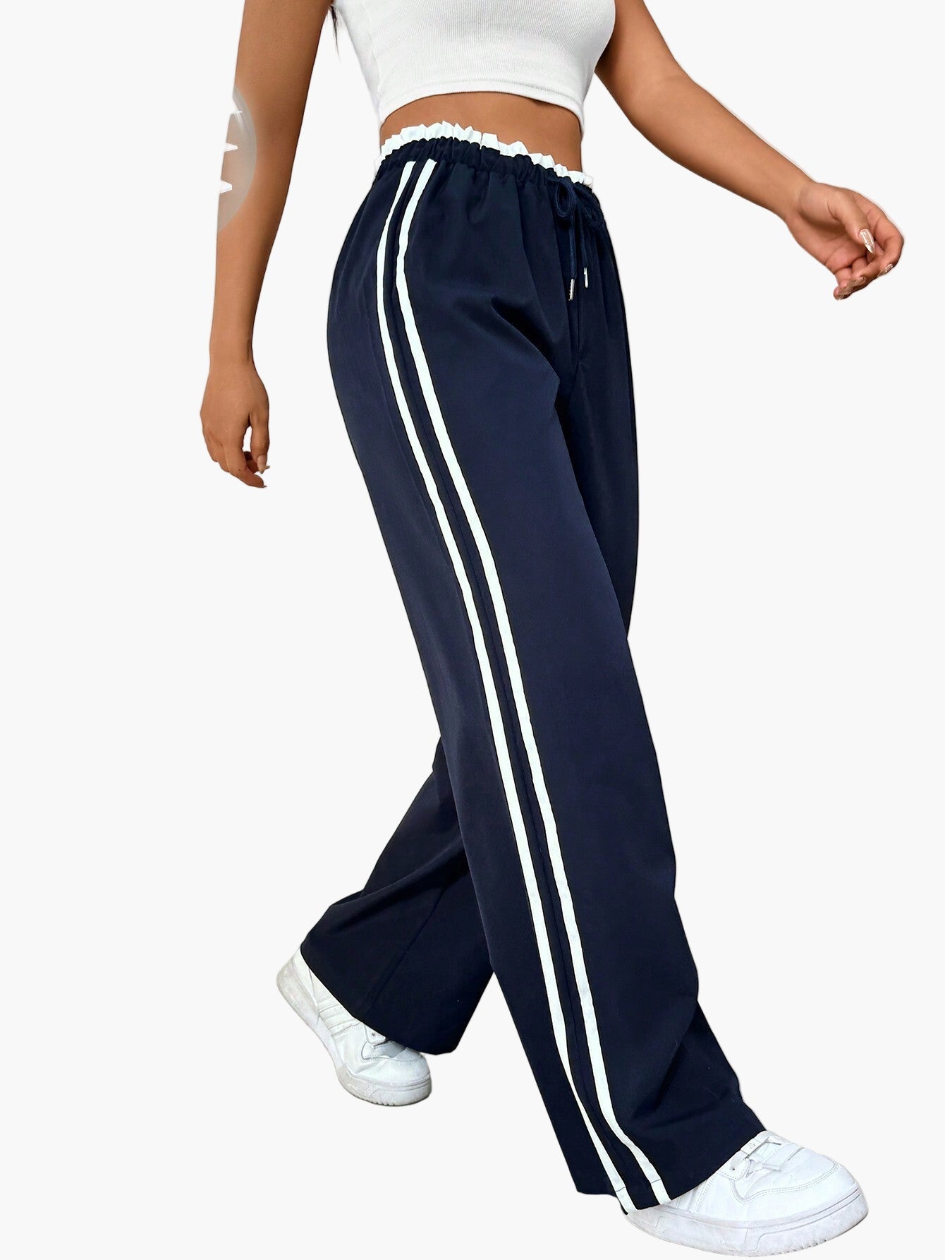 Pantaloni da jogging sportivi da donna a gamba larga con doppia riga – Pantaloni streetwear comodi per il tempo libero