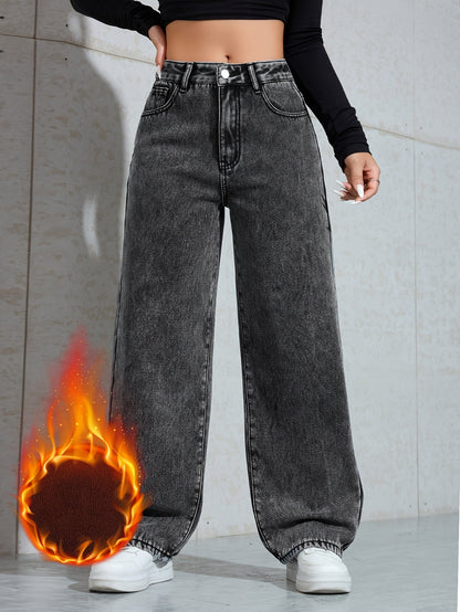 Jeans da donna, grigio scuro, dal taglio ampio, con fodera calda
