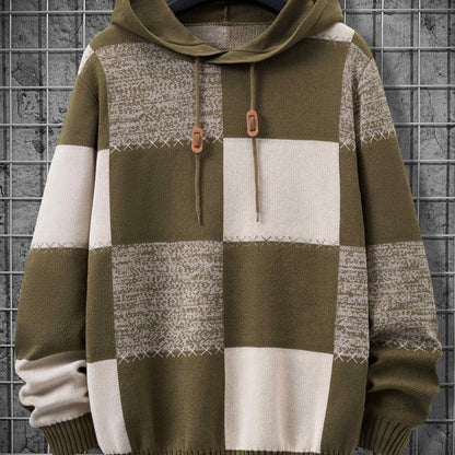 Herren Strick Hoodie Patchwork Design Langarm Herrenpullover