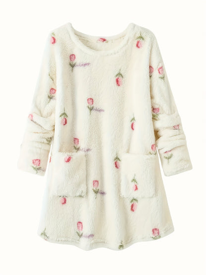 Camicia da notte da donna in peluche, a maniche lunghe, con scollo rotondo, tasche e ricami floreali