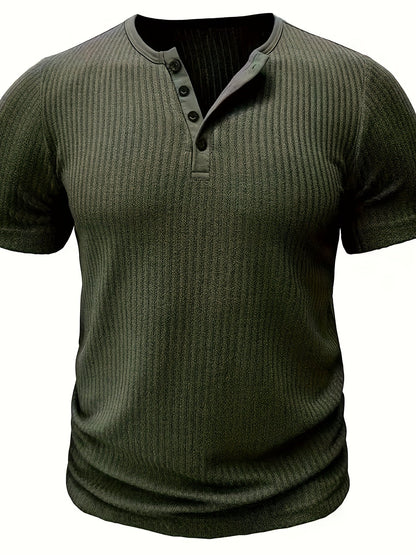 Herre Henley T-skjorte med knappestolpe og striper – Komfortabel fritidsstil