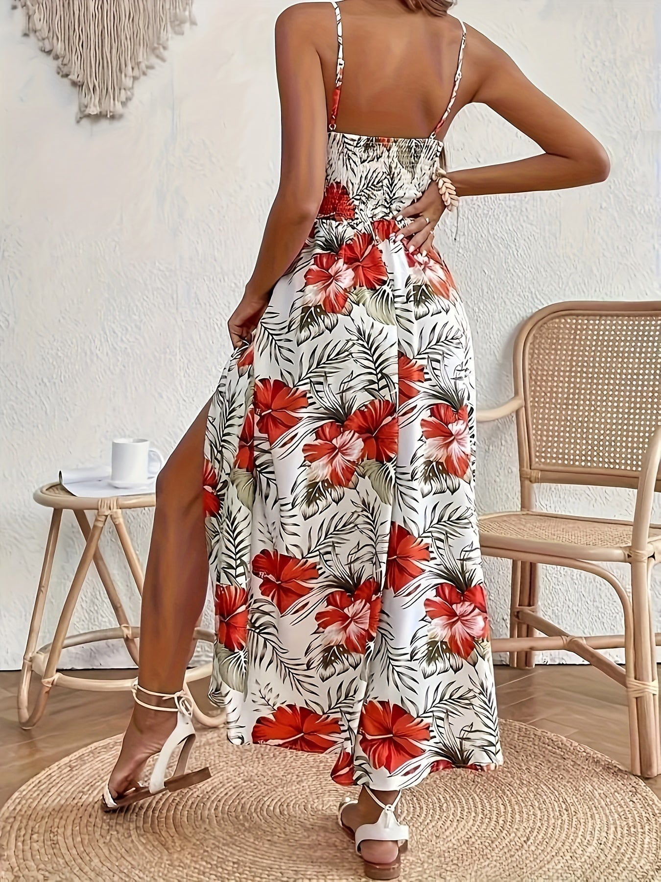 Robe longue femme à motif floral tropical avec bretelles spaghetti – Parfaite pour les vacances et l'été