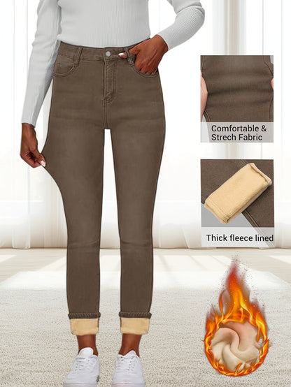 Damen Jeans mit Plüschfutter Braun Winterhose gefüttert
