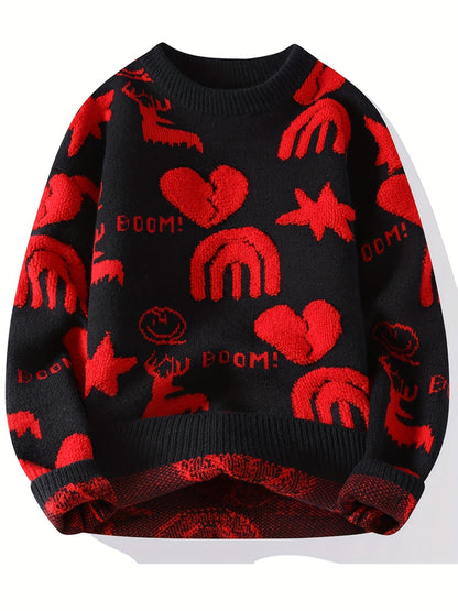 Unisex Strickpullover Rundhals mit Muster (Hirsch, Herz, Regenbogen)