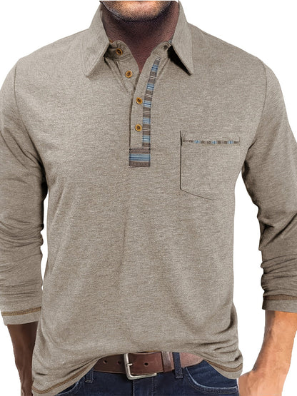 Herren Langarm Poloshirt mit Knopfleiste und Brusttasche