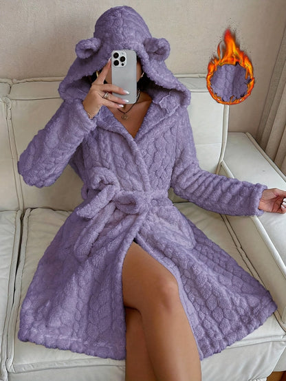 Peignoir de bain douillet à capuche et oreilles pour femmes