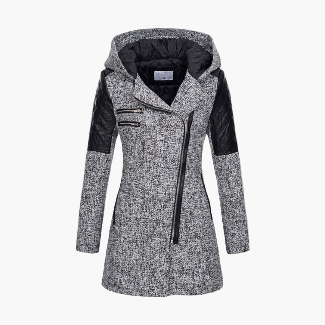 Cappotto invernale da donna con cappuccio – Elegante cappotto corto in tweed con dettagli in ecopelle e cerniera asimmetrica