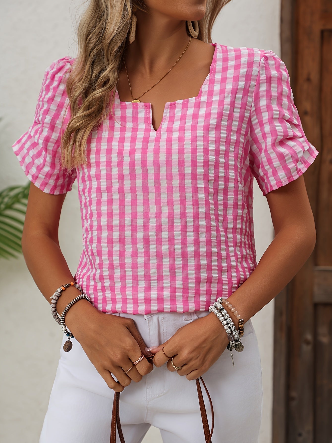 Damesblouse geruit met halsuitsnijding – Elegante vrijetijdsstijl voor lente en zomer