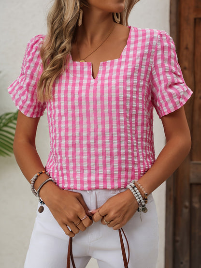 Damesblouse geruit met halsuitsnijding – Elegante vrijetijdsstijl voor lente en zomer