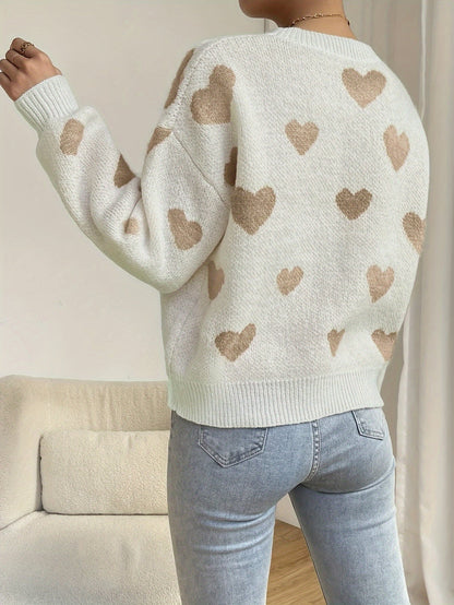 Maglione da donna lavorato a maglia, vestibilità morbida, motivo a cuore, girocollo, bianco e beige
