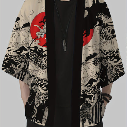Herren Kimono Cardigan mit asiatischem Drachenmuster – Streetwear Mantel offen, stilvolles Freizeit-Outfit