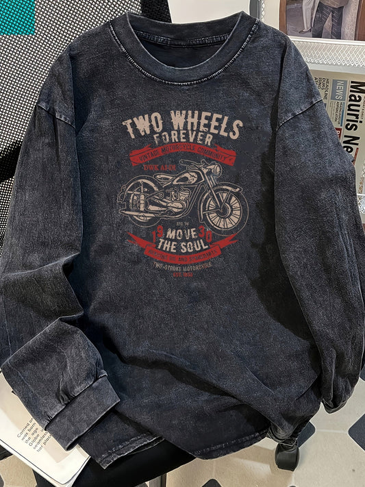 Unisex Langarmshirt mit Motorrad-Grafik, Vintage-Waschung, Dunkelgrau