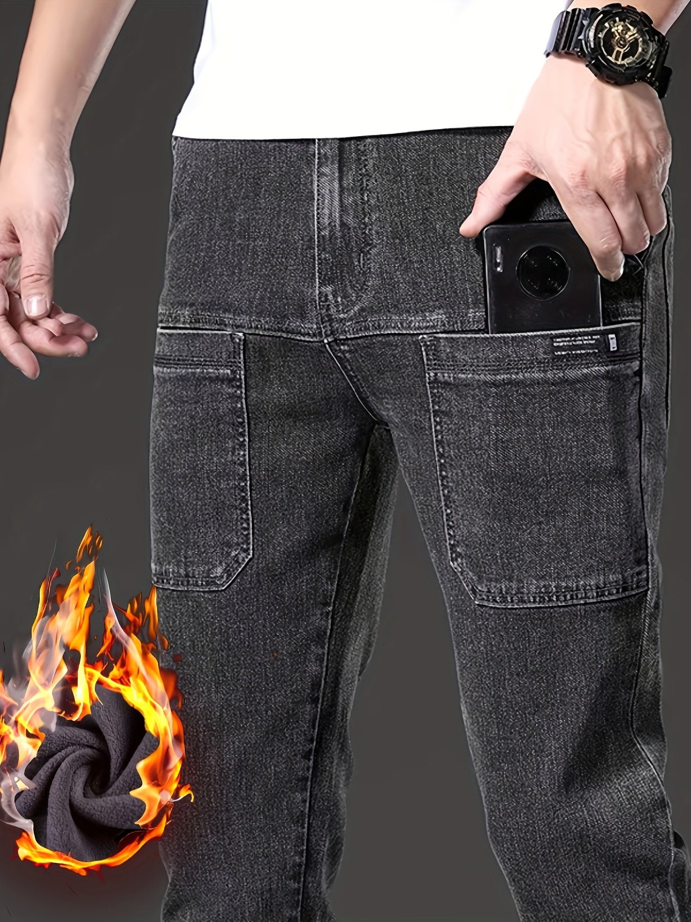 Jeans invernali da uomo, pantaloni foderati, neri o blu, vestibilità dritta