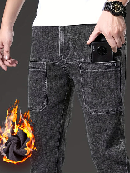 Jeans invernali da uomo, pantaloni foderati, neri o blu, vestibilità dritta