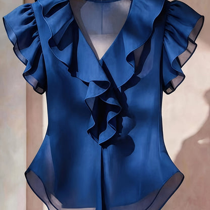 Damevolantbluse med V-hals og volanger – Elegant chiffongbluse for kontor og kveld