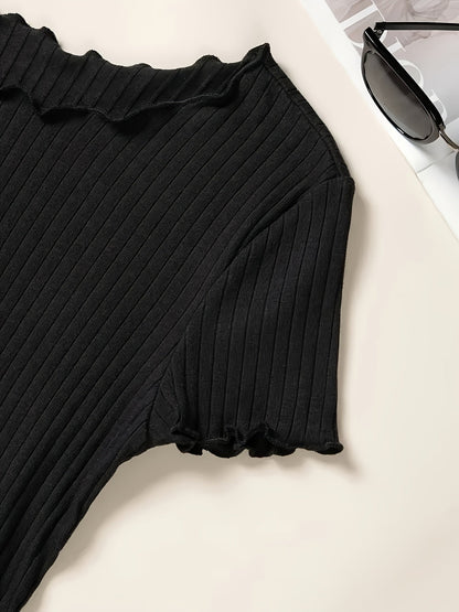 Damen Basic Kurzarm Shirt mit Rippstruktur und Wellensaum – Stilvolles Alltagsoberteil