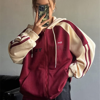 Kapuzenjacke Damen Reißverschluss Zweifarbig Rot Apricot Streifen Oversize