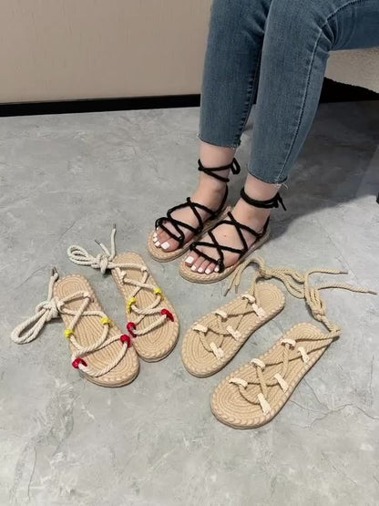 Dame Boho sommersandaler – flade snøresandaler i espadrillestil til fritid og ferie