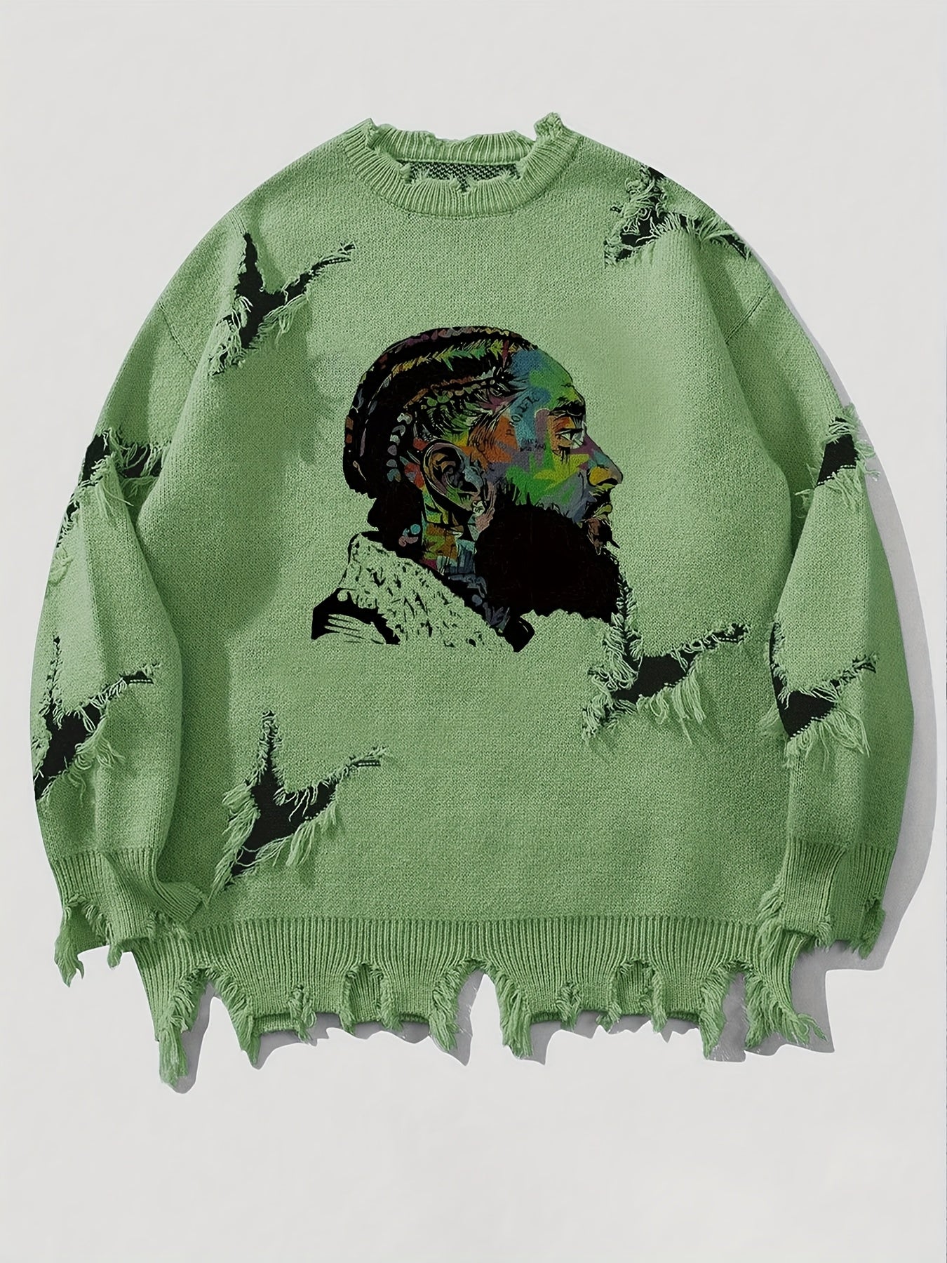 Suéter de hombre de cuello redondo con estampado y efecto desgastado beige