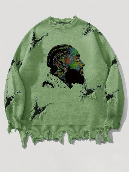 Suéter de hombre de cuello redondo con estampado y efecto desgastado beige