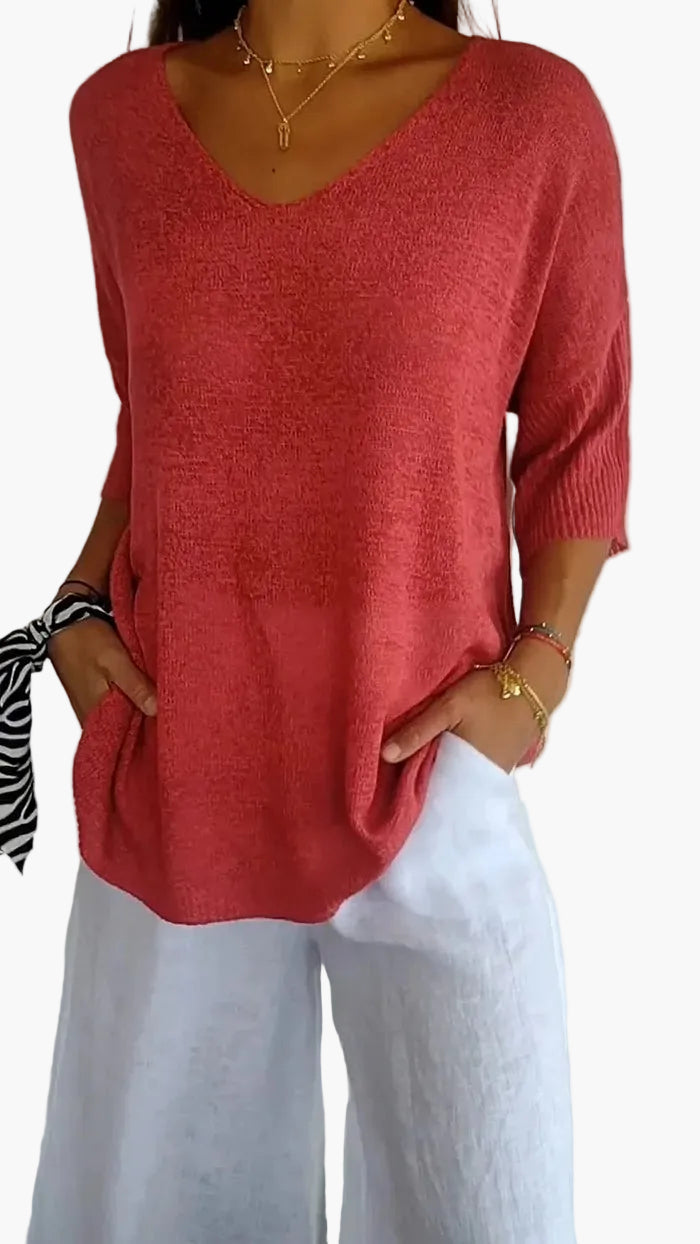 Top en maille femme avec décolleté en V – T-shirt décontracté ample pour le quotidien et les vacances