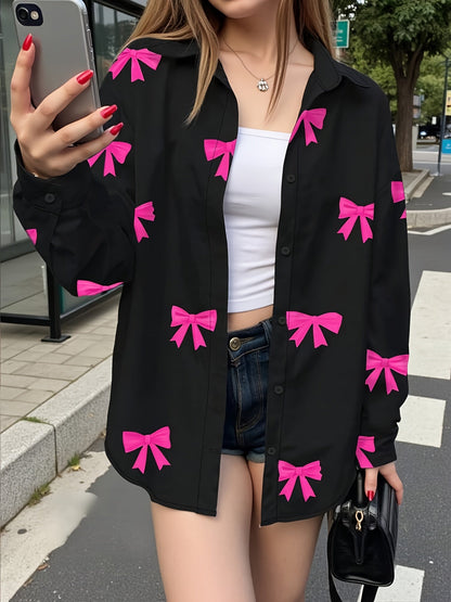 Camisa de mujer de manga larga con estampado de lazos en negro y rosa