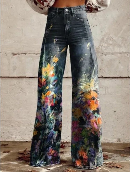 Jean large bohème pour femmes avec design artistique graphique et style vintage, idéal pour le streetwear et les festivals