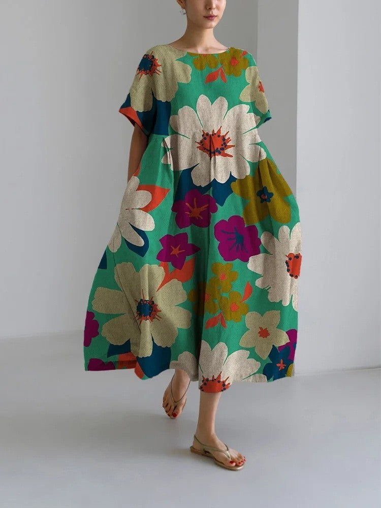 Damen Maxikleid Retro A-Linie mit großen Blumen – Sommerkleid im künstlerischen Vintage-Stil, Elegantes Freizeitkleid