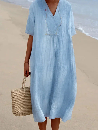 Damska letnia sukienka luźna z dekoltem w serek, krótki rękaw, moda plażowa, casual