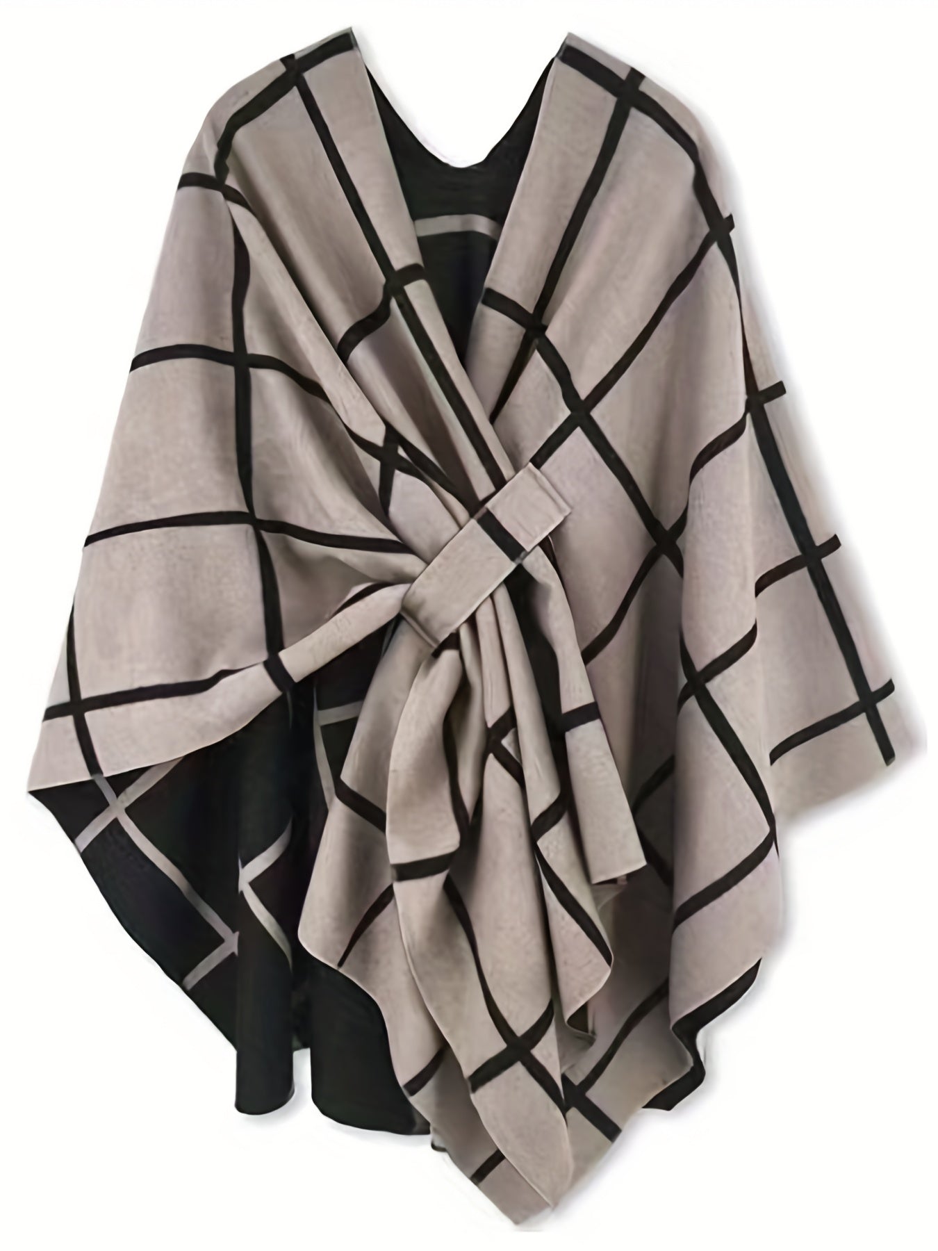 Poncho mit Karomuster und Bindegürtel, Beige Schwarz