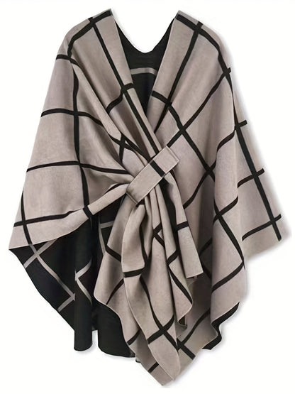Poncho mit Karomuster und Bindegürtel, Beige Schwarz