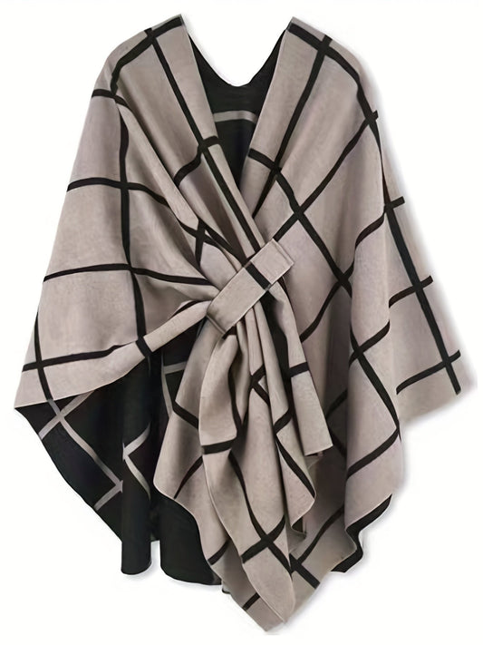 Poncho med ternet mønster og bindebælte, beige og sort
