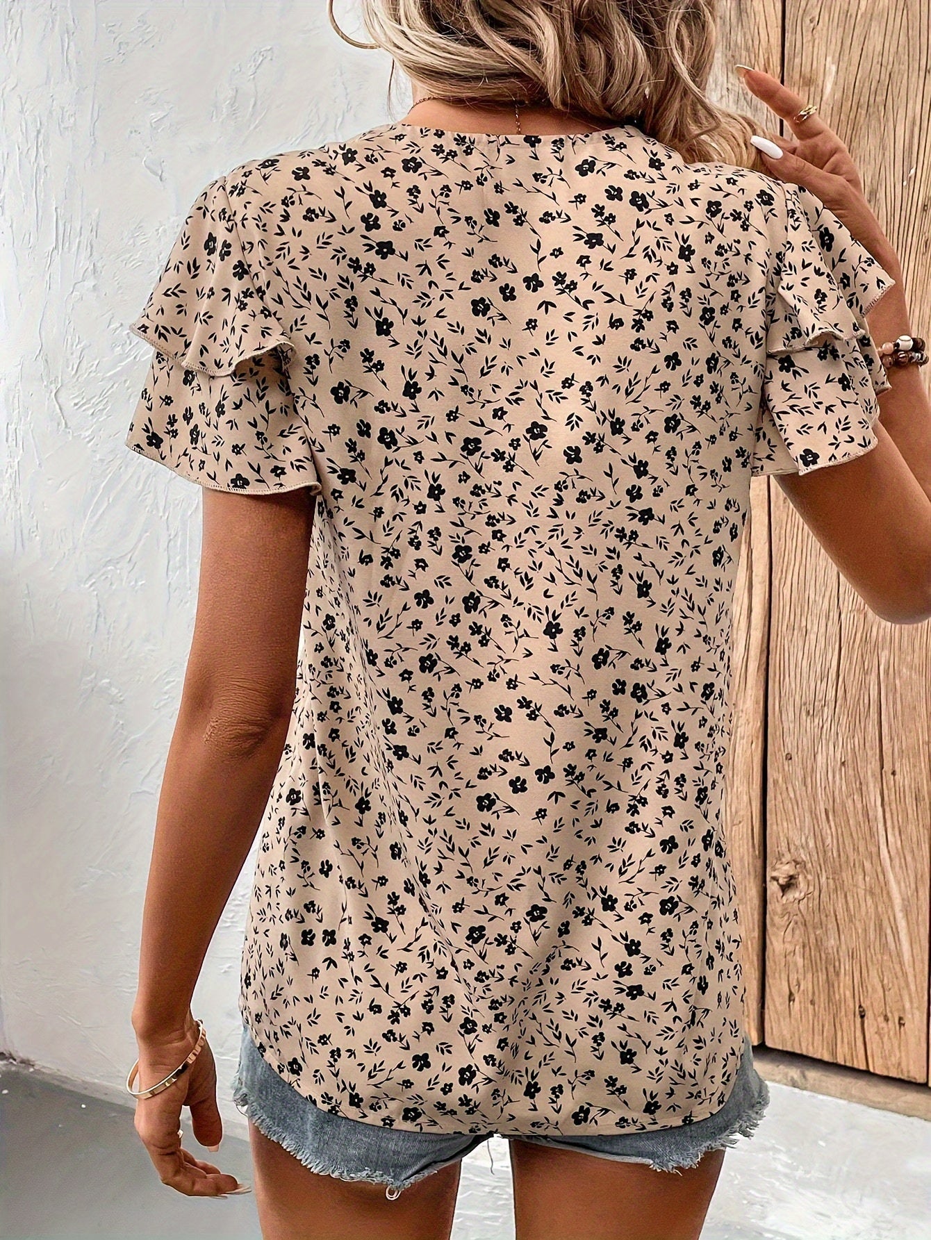 Damen Elegant Bluse mit V-Ausschnitt und Rüschenärmeln für Frühling und Sommer