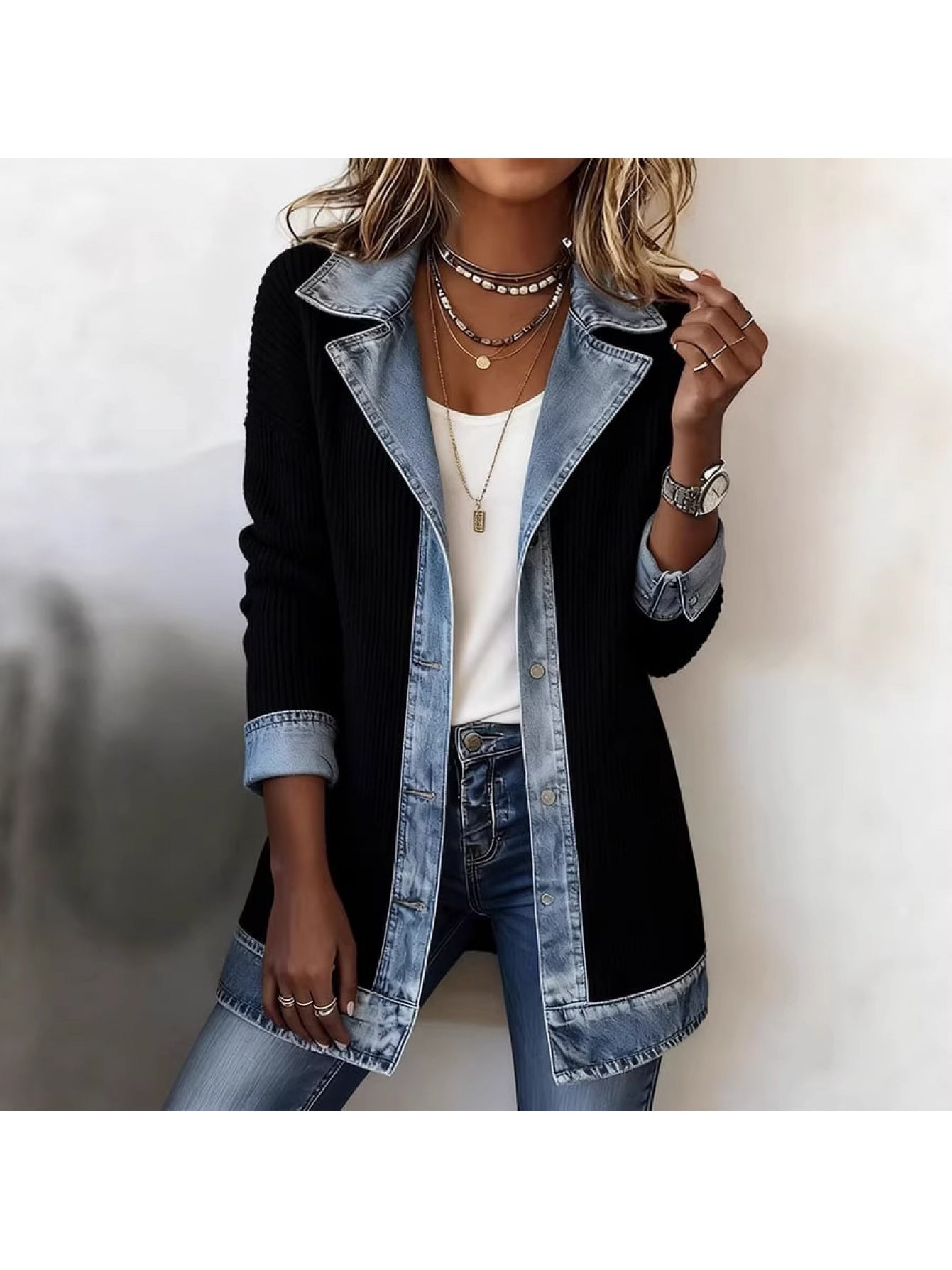 Damen Blazer im Denim-Look, Eleganter Freizeit-Jacke für Büro und Alltag