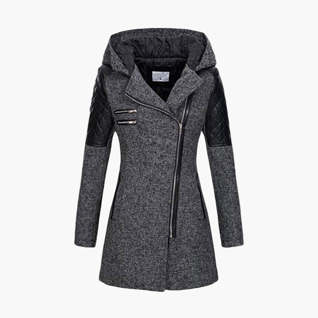 Cappotto invernale da donna con cappuccio – Elegante cappotto corto in tweed con dettagli in ecopelle e cerniera asimmetrica