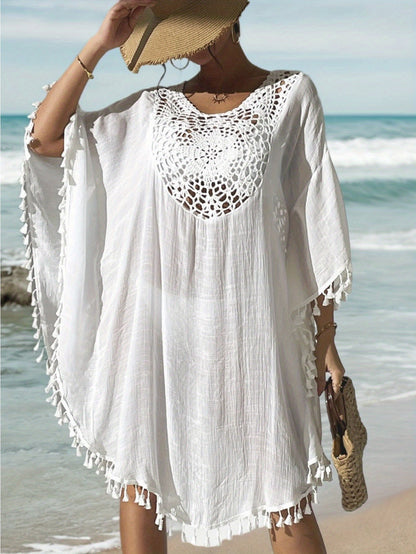 Dame strandkaftan poncho med hæklet detalje og frynser – Perfekt strandmode og sommer cover-up
