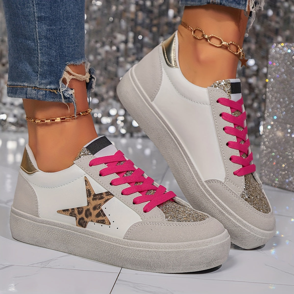 Sneaker da donna in stile street con stella glitterata e plateau – Scarpe casual alla moda