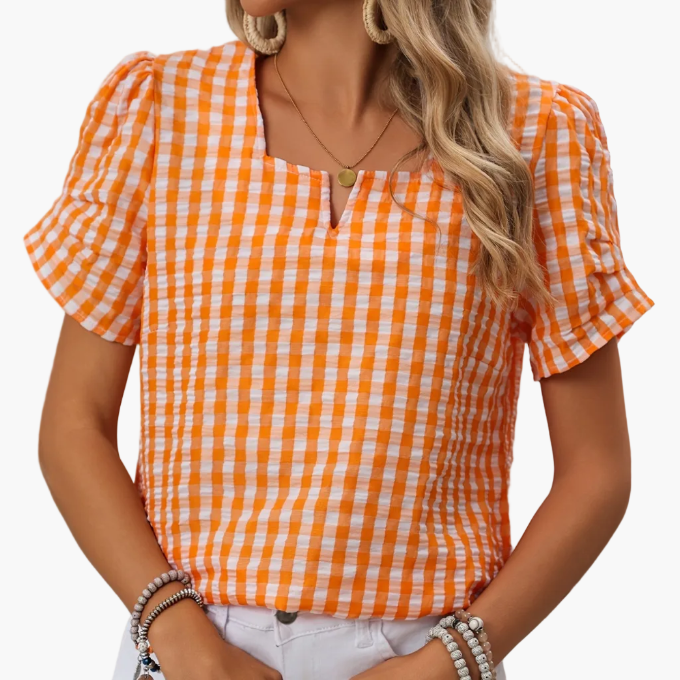 Damesblouse geruit met halsuitsnijding – Elegante vrijetijdsstijl voor lente en zomer